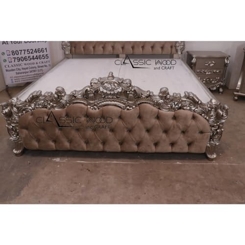 Royal Luxury Wooden Bed with Deep Button Tufted Upholstery & Antique Silver Finish - Image 2