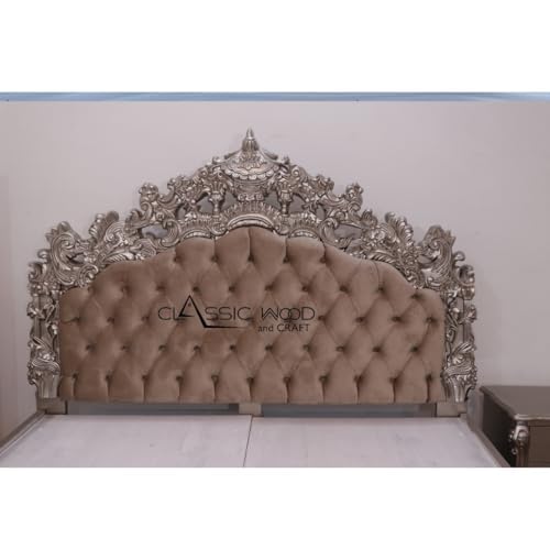 Royal Luxury Wooden Bed with Deep Button Tufted Upholstery & Antique Silver Finish - Image 4