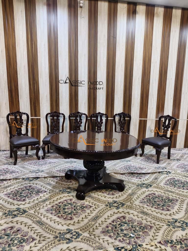 Solid Wood 6 Seater Dining Set Handcrafted Round Table with Chairs Luxury Dining Furniture - Image 2