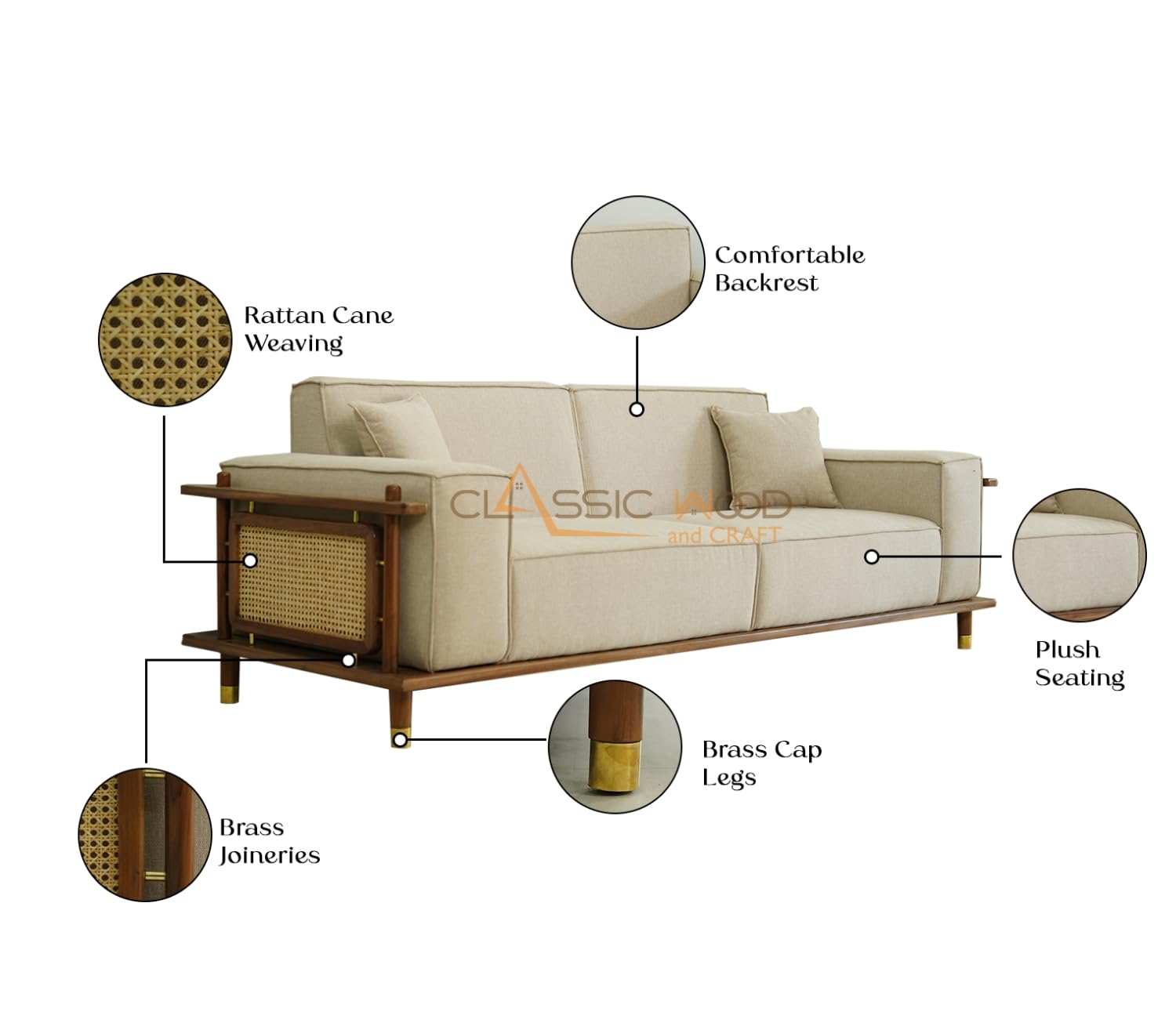 Luxury 5 Seater Sofa Set for Living Room Beige Fabric & Handcrafted Wooden Furniture - Image 3