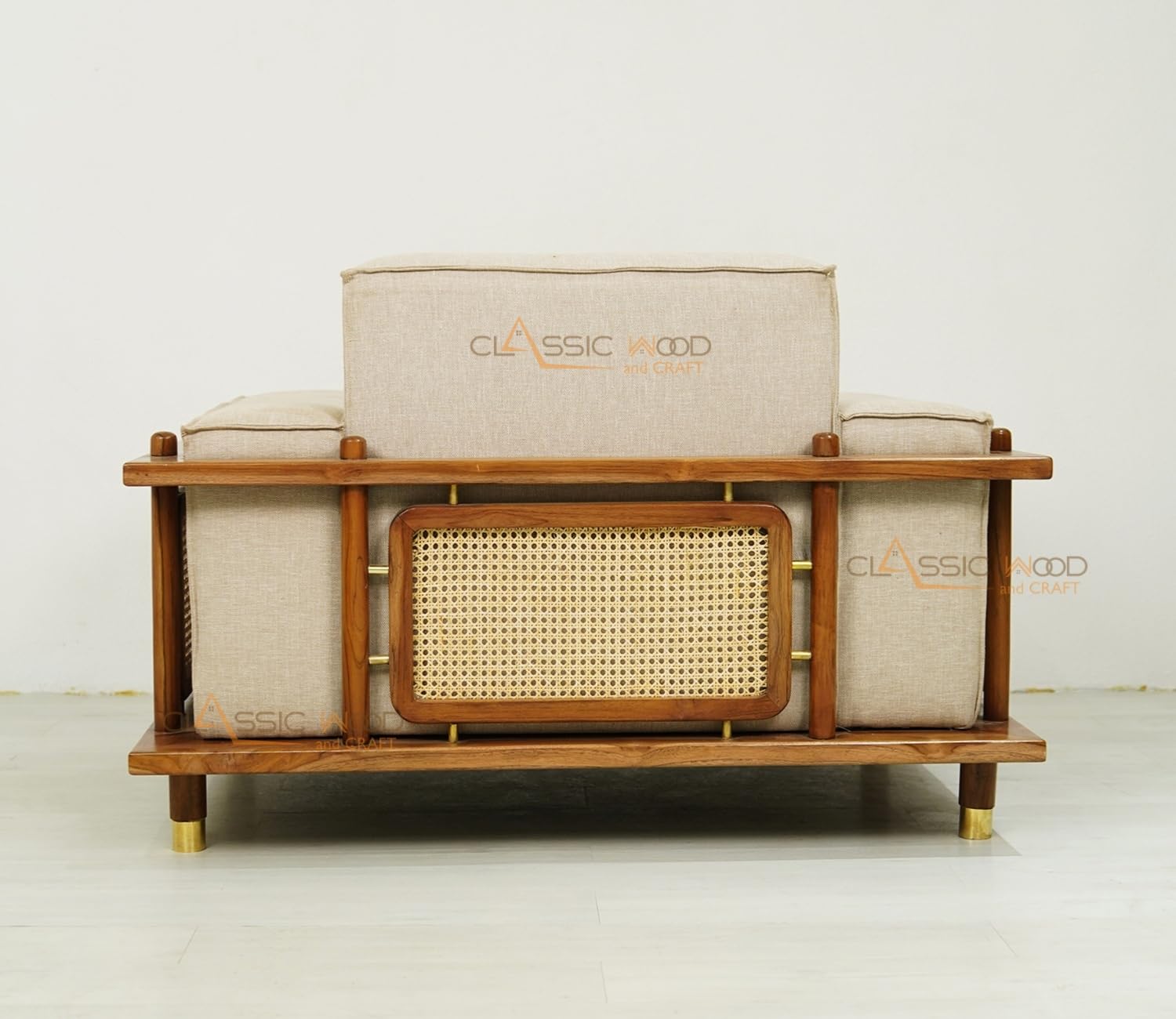 Luxury 5 Seater Sofa Set for Living Room Beige Fabric & Handcrafted Wooden Furniture - Image 5