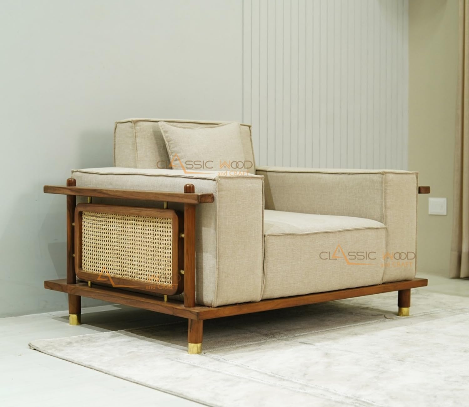 Luxury 5 Seater Sofa Set for Living Room Beige Fabric & Handcrafted Wooden Furniture - Image 7