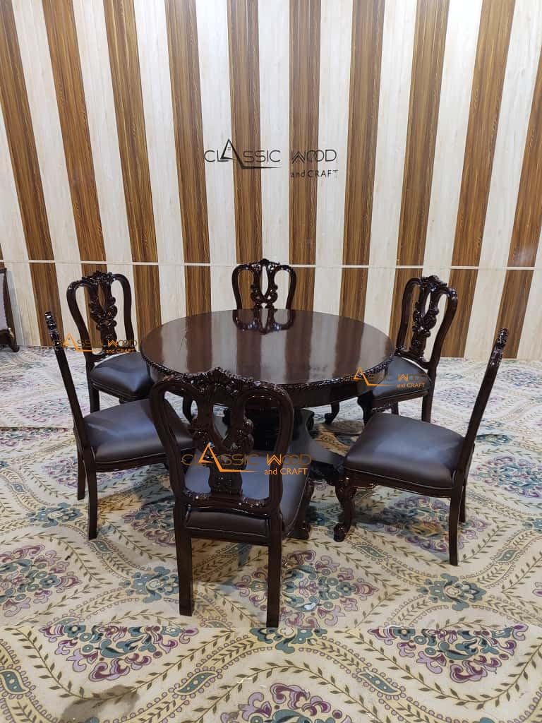 Solid Wood 6 Seater Dining Set Handcrafted Round Table with Chairs Luxury Dining Furniture