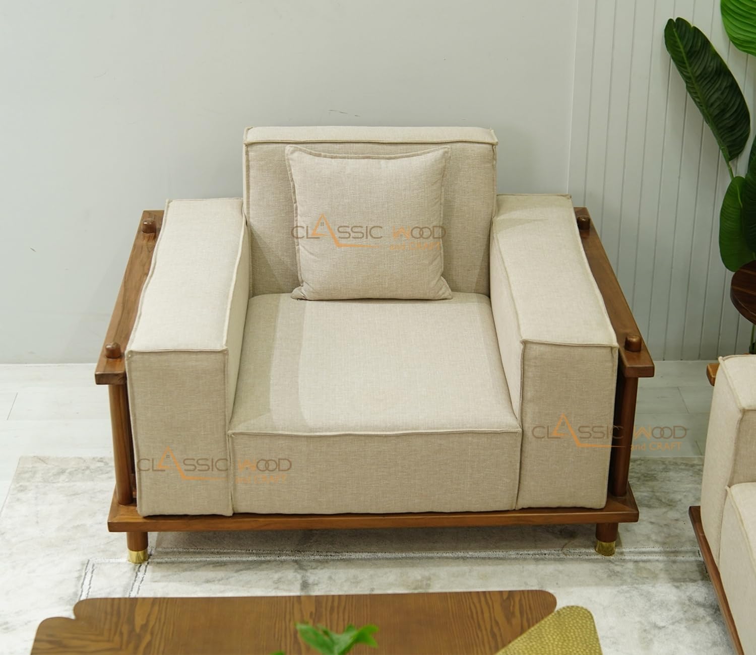 Luxury 5 Seater Sofa Set for Living Room Beige Fabric & Handcrafted Wooden Furniture - Image 8