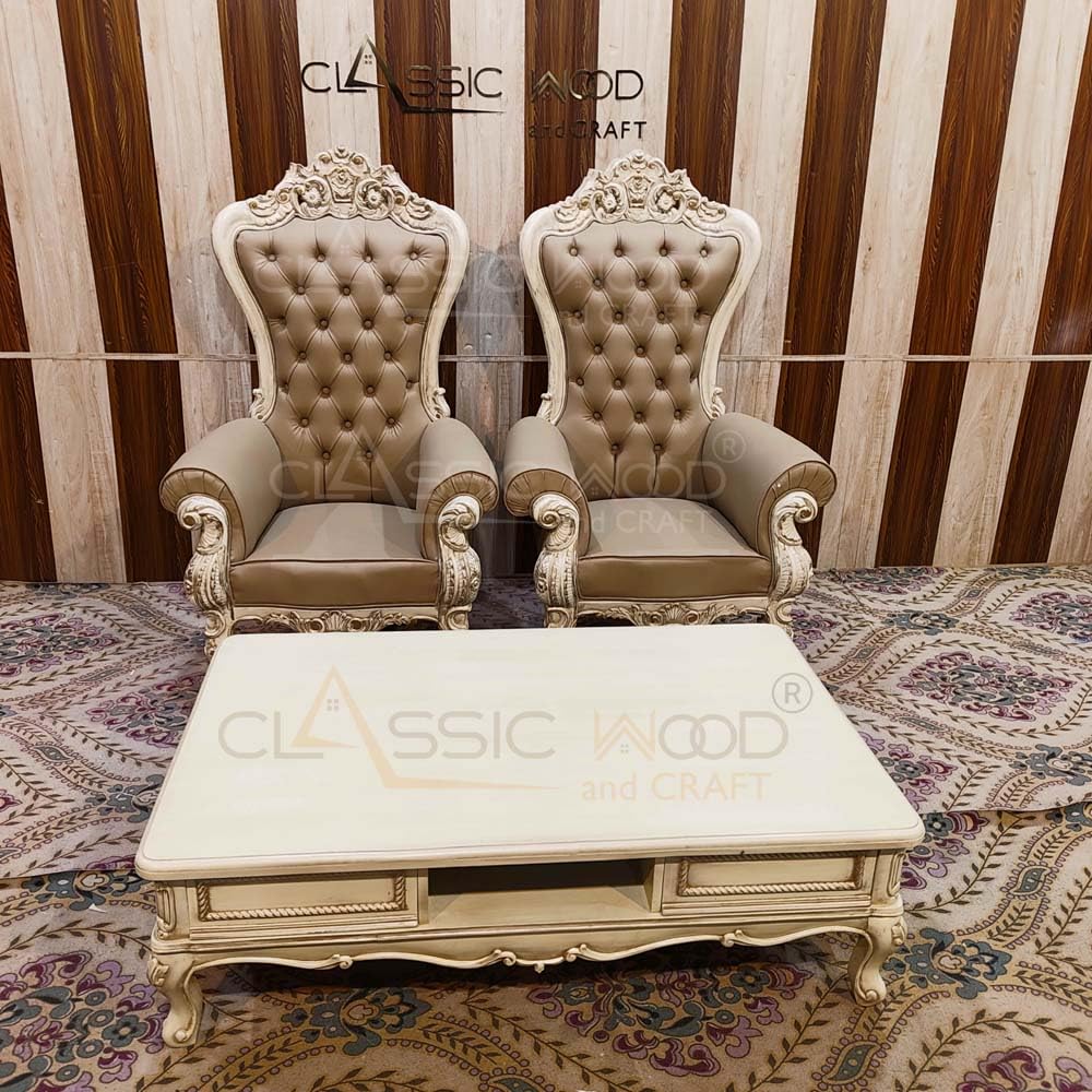 Royal High Back Throne Chair Pair with Center Table – Classic Victorian Tufted Accent Seating for Living Room - Image 3