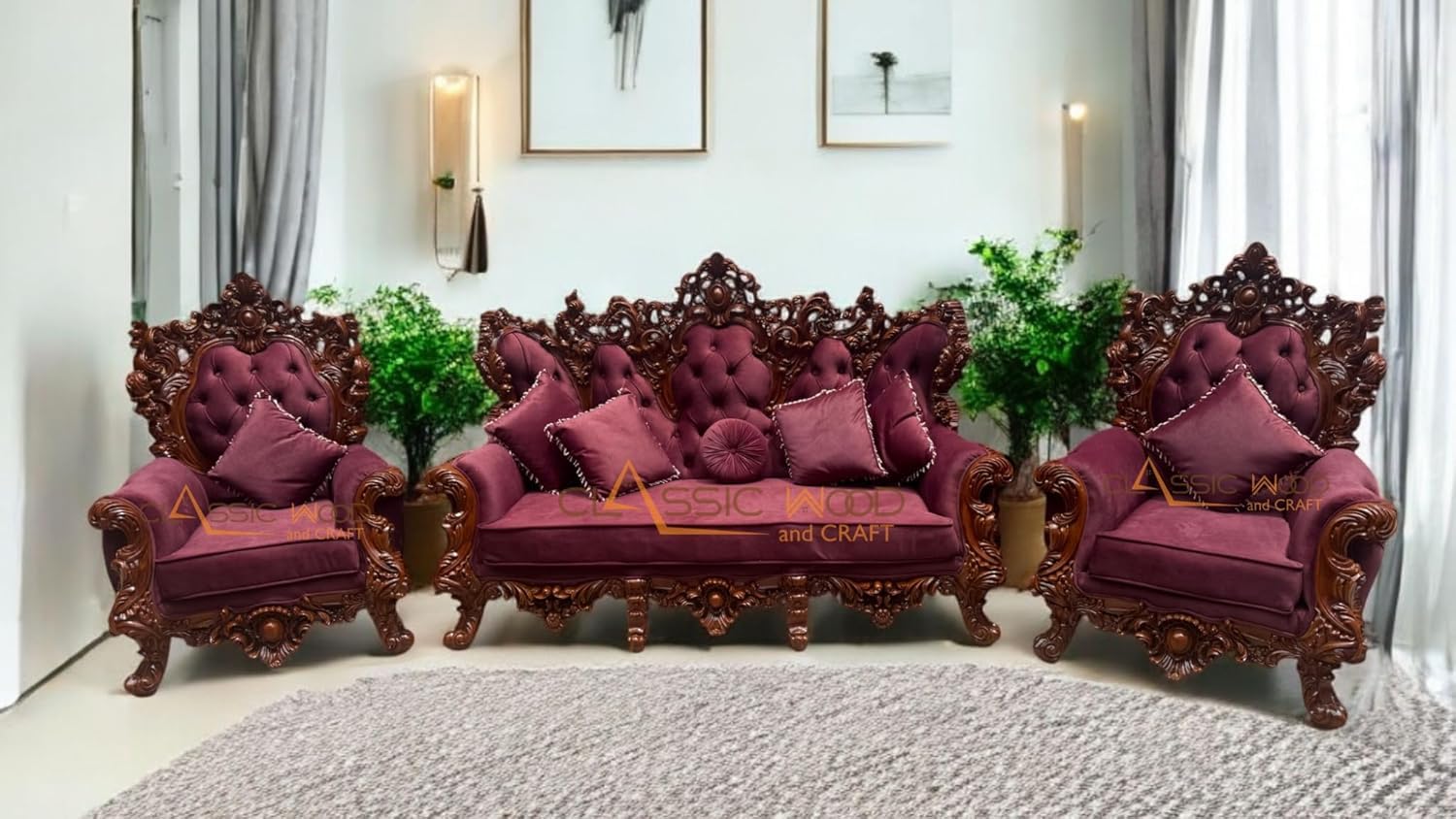 Luxury Victorian Sofa Set 3-1-1 Handcrafted Teakwood Living Room Furniture - Image 6