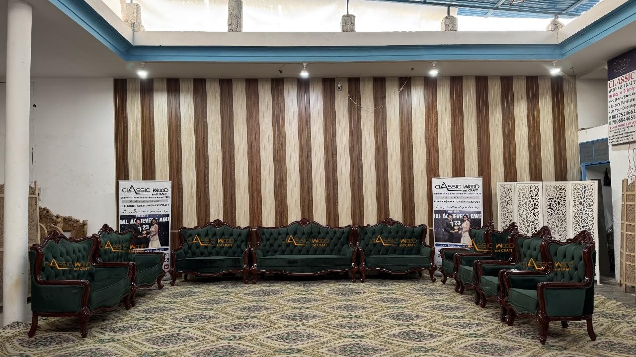 Classic Wood & Craft 15-Seater Luxury Teak Wood Sofa Set | Green Velvet Upholstery | Walnut Finish | Handcrafted for Palaces Villas & Hotels