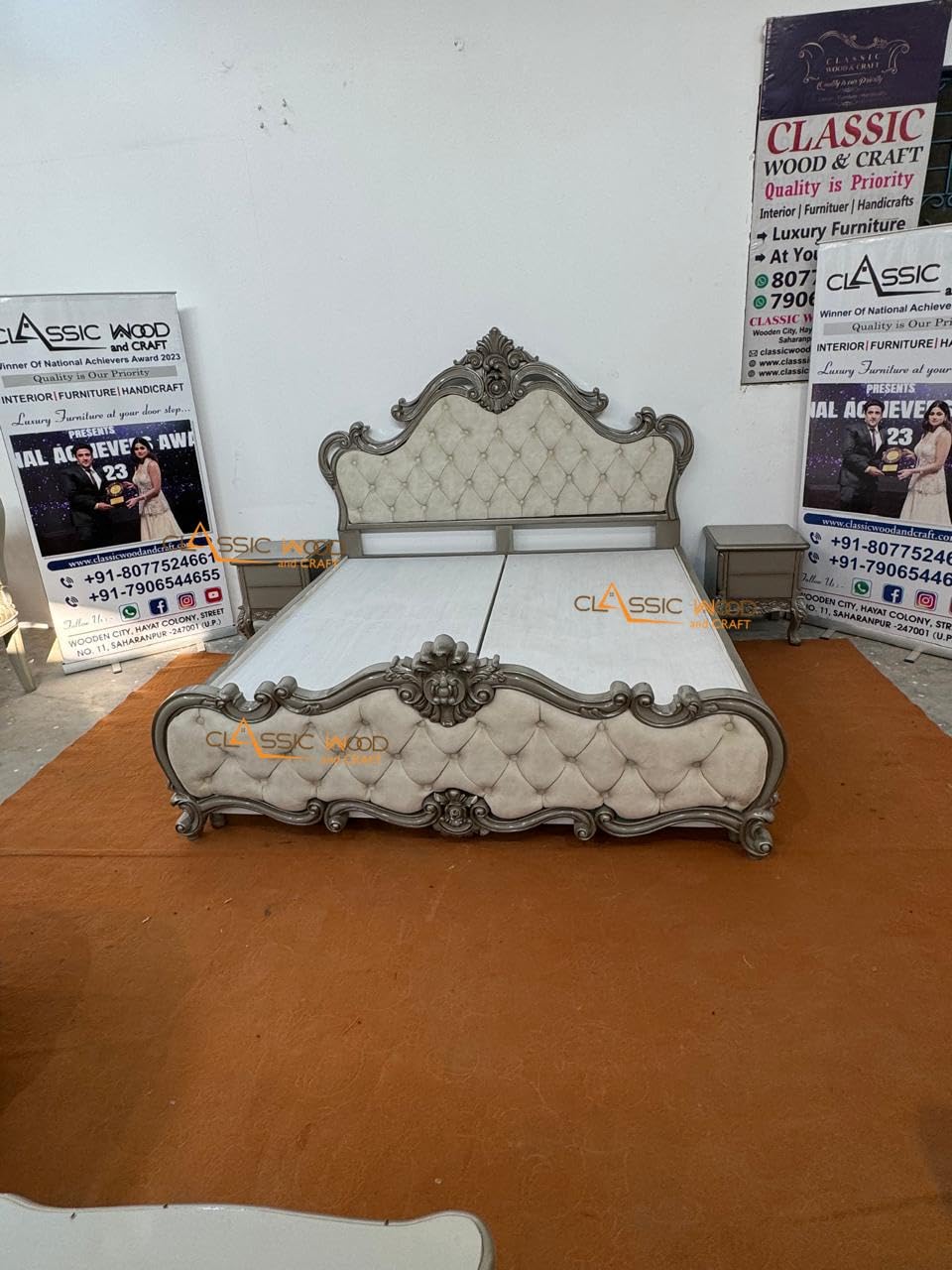 Luxury Victorian Tufted Teakwood Bed with Hand-Carved Headboard - Image 2