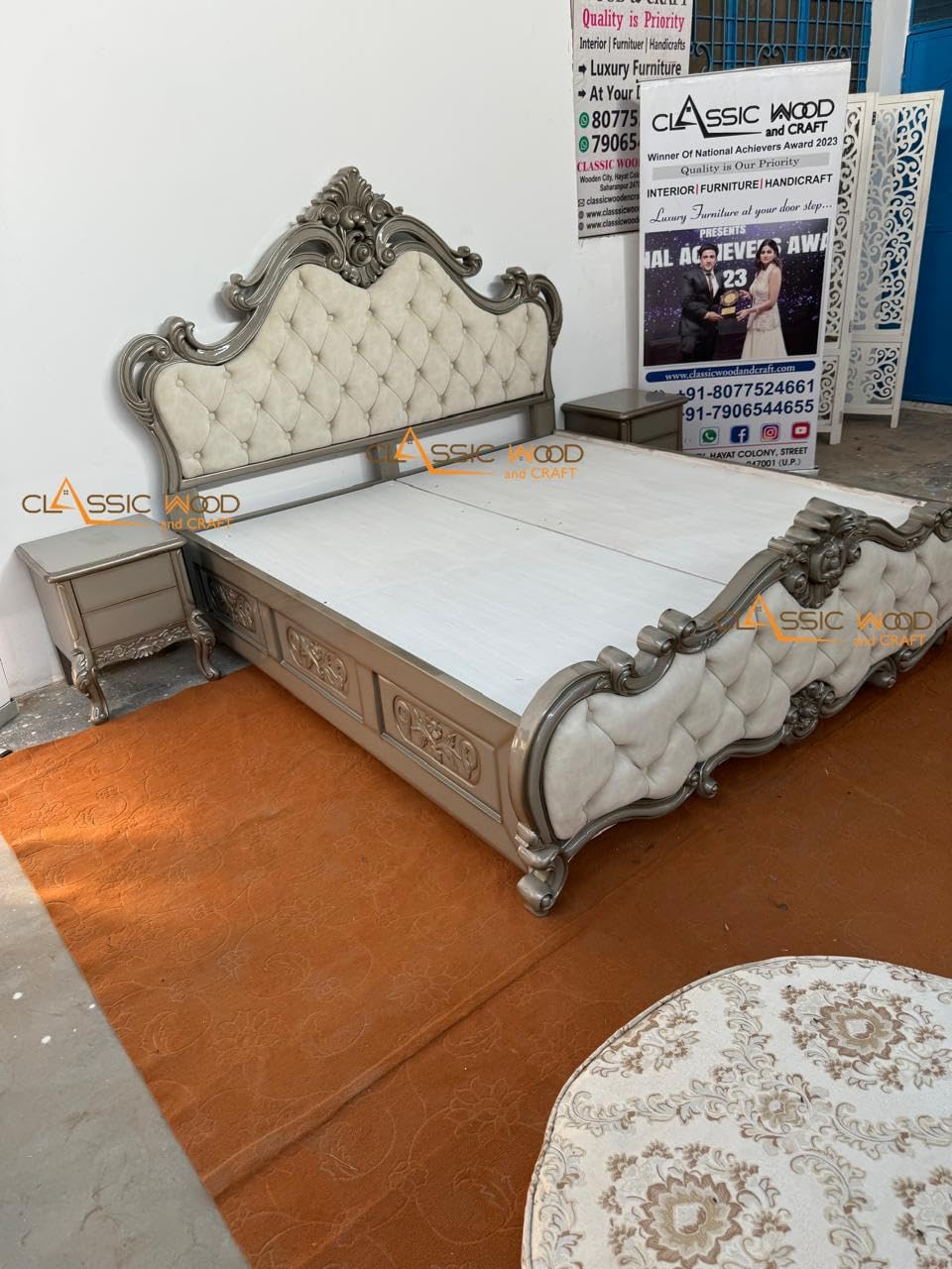 Luxury Victorian Tufted Teakwood Bed with Hand-Carved Headboard - Image 3