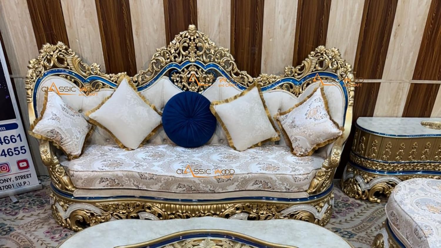 Classic Wood & Craft 12-Seater Royal Sofa Set | Antique Gold Finish | Handcrafted Luxury Living Room Furniture - Image 6