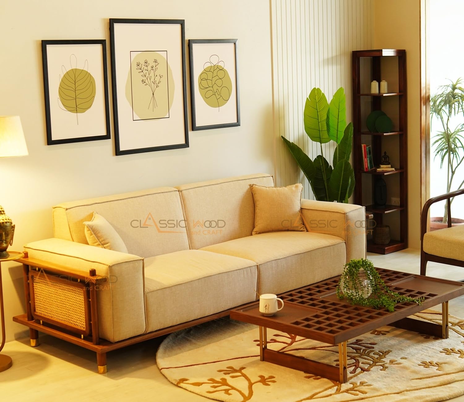 Luxury 5 Seater Sofa Set for Living Room Beige Fabric & Handcrafted Wooden Furniture - Image 6