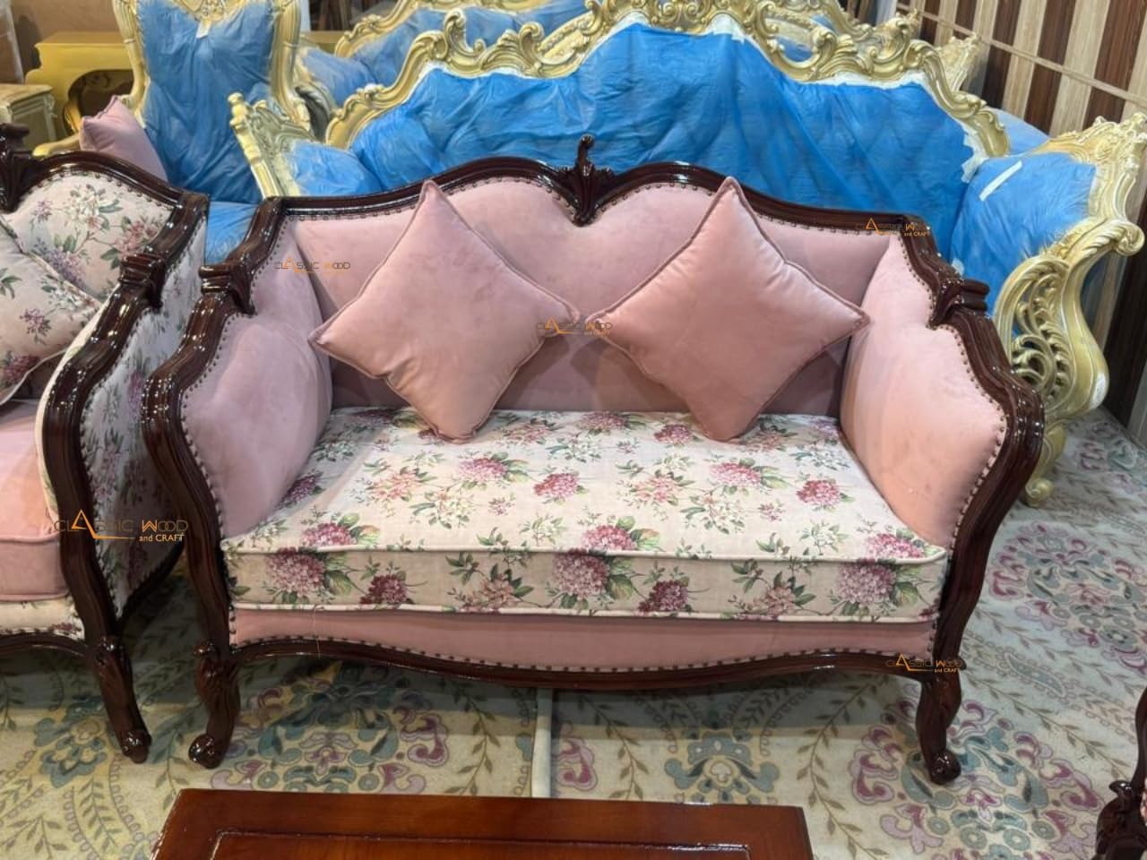 Classic Wood & Craft 9 Seater Victorian Style Teak Wood Sofa Set 3+2+2+1+1 with Side Tables - Image 4