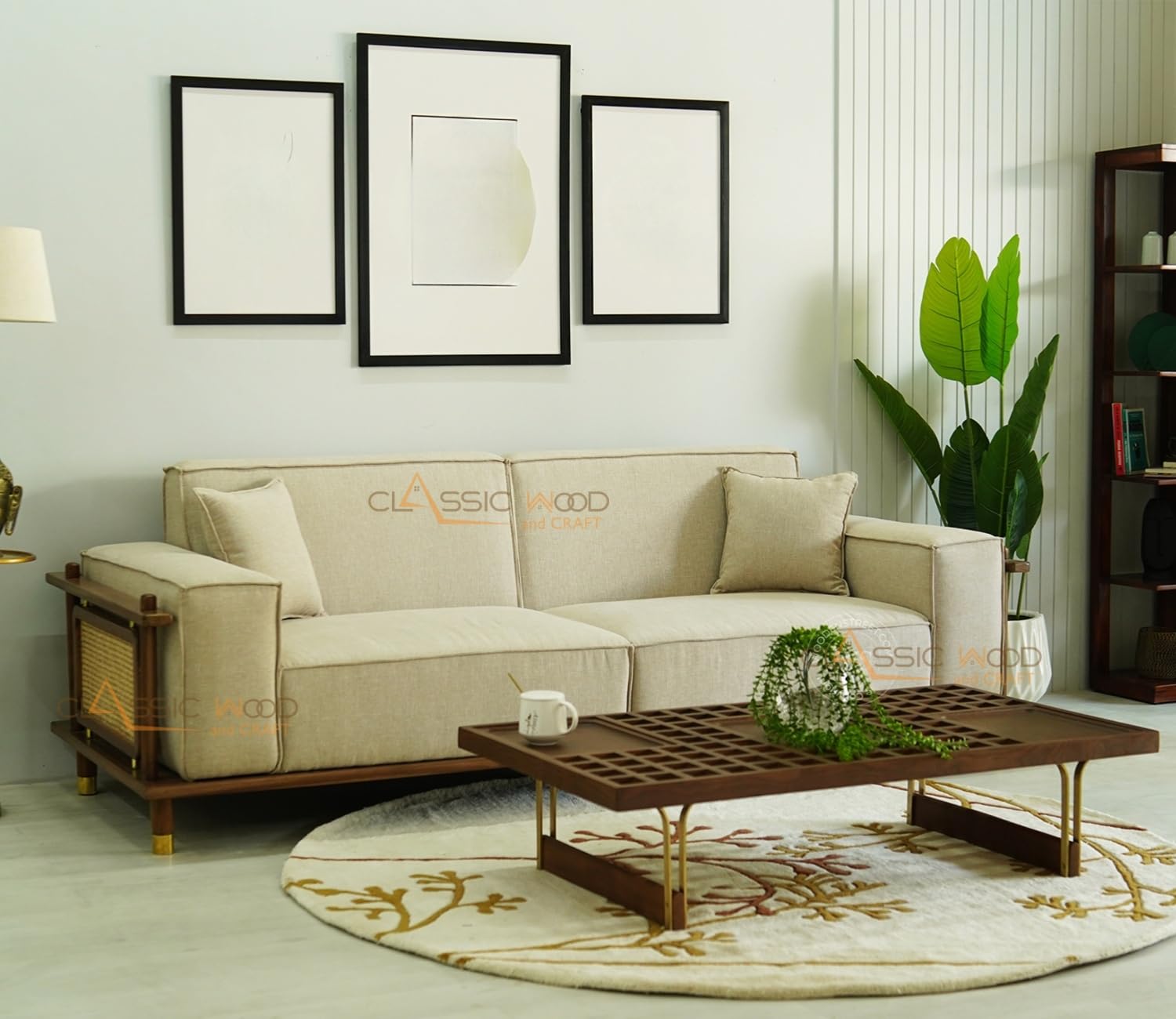 Luxury 5 Seater Sofa Set for Living Room Beige Fabric & Handcrafted Wooden Furniture - Image 9