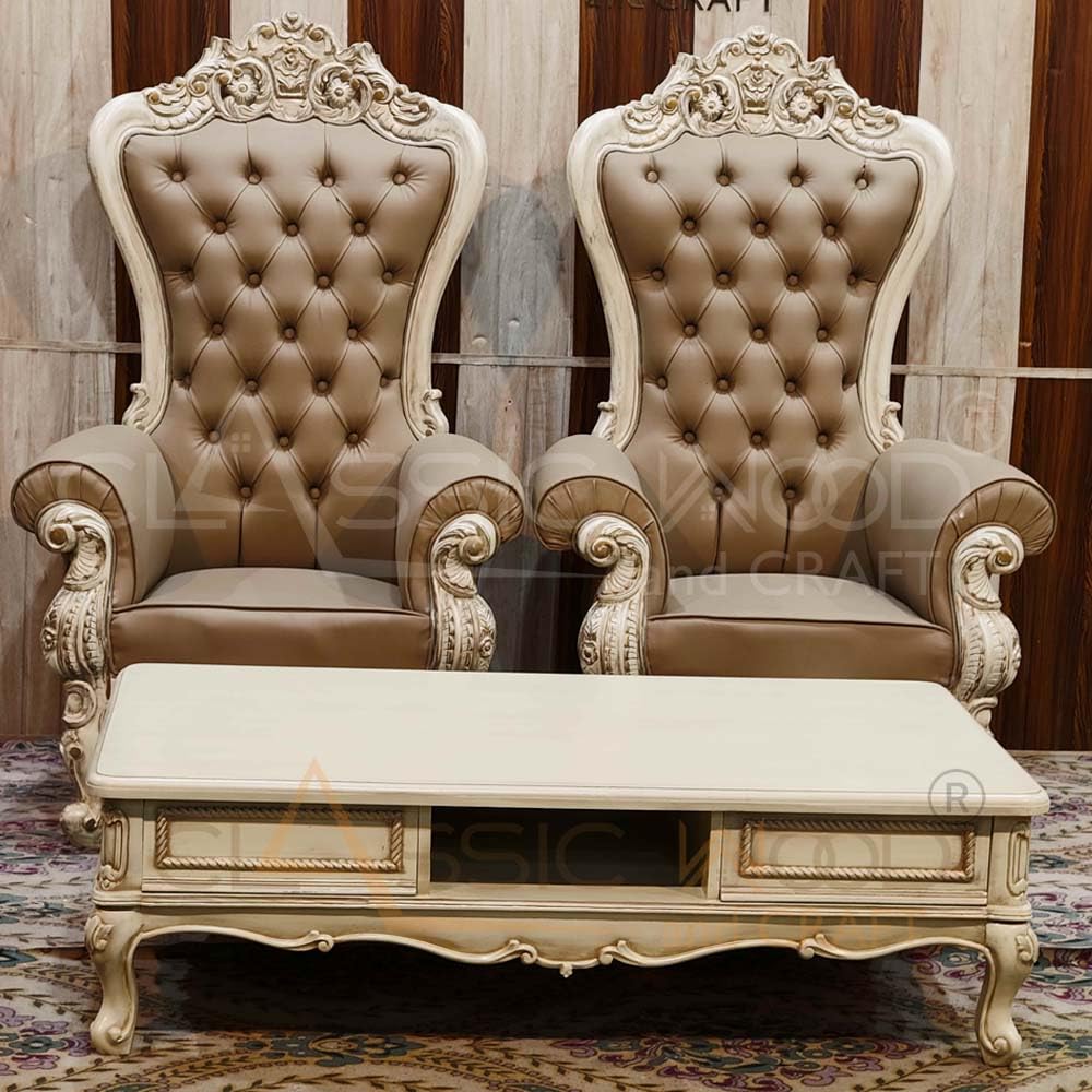 Royal High Back Throne Chair Pair with Center Table – Classic Victorian Tufted Accent Seating for Living Room - Image 5