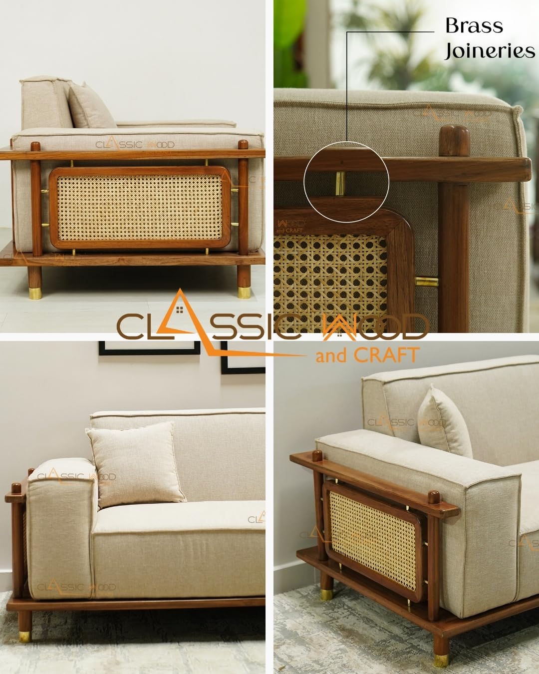 Luxury 5 Seater Sofa Set for Living Room Beige Fabric & Handcrafted Wooden Furniture - Image 2