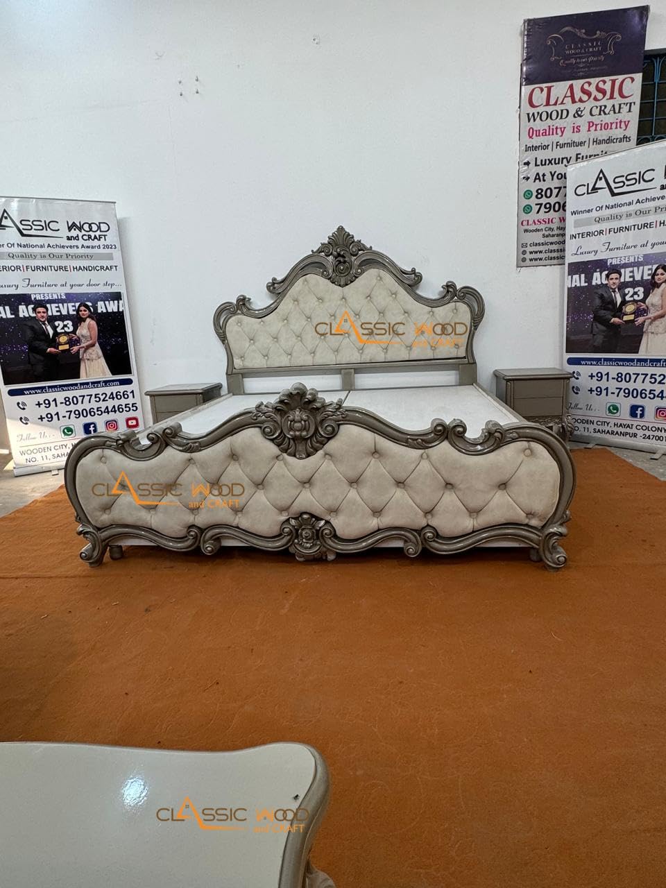 Luxury Victorian Tufted Teakwood Bed with Hand-Carved Headboard - Image 4