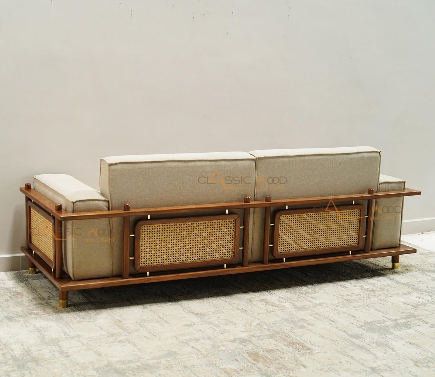 Luxury 5 Seater Sofa Set for Living Room Beige Fabric & Handcrafted Wooden Furniture - Image 4