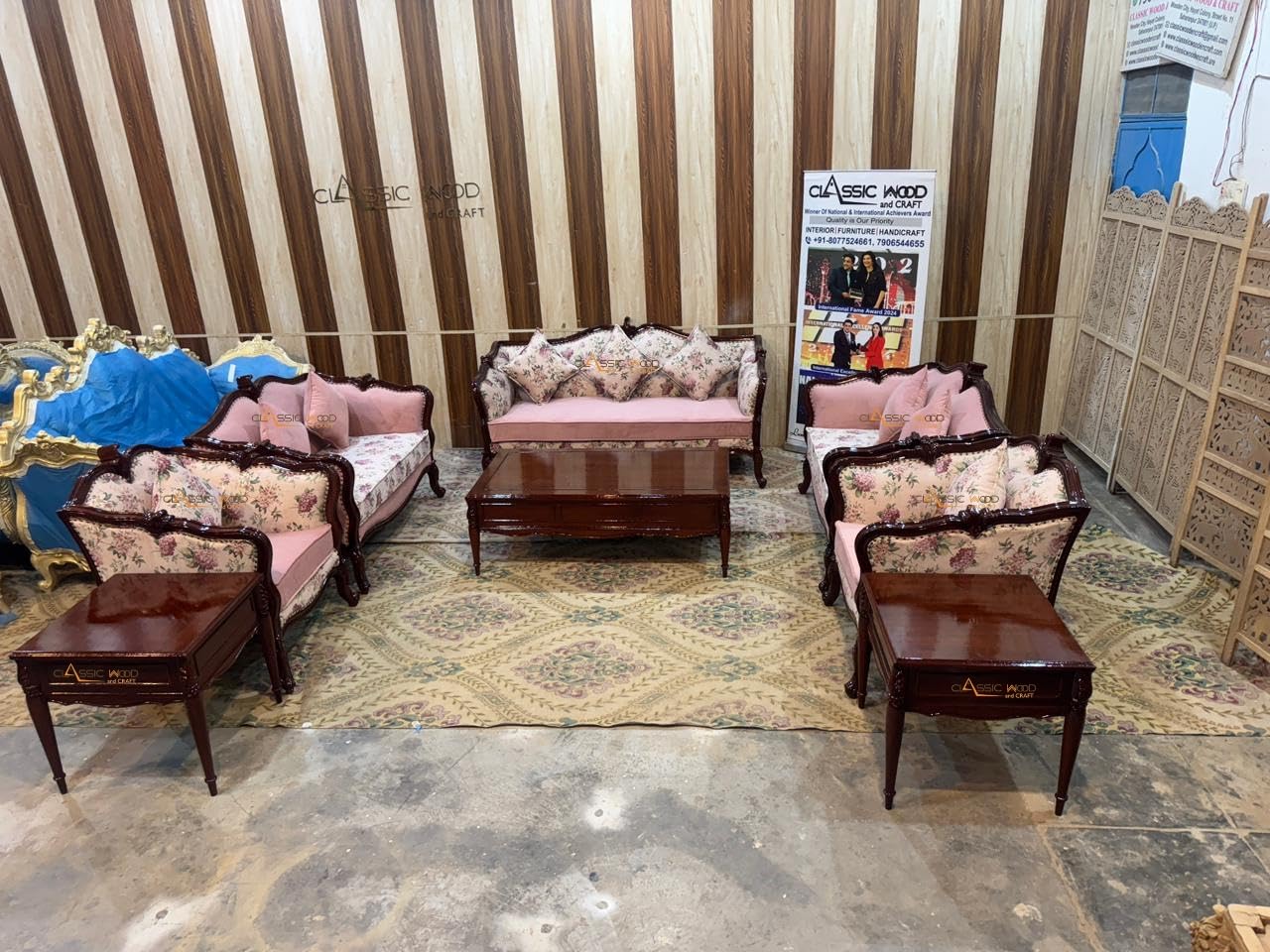 Classic Wood & Craft 9 Seater Victorian Style Teak Wood Sofa Set 3+2+2+1+1 with Side Tables - Image 2