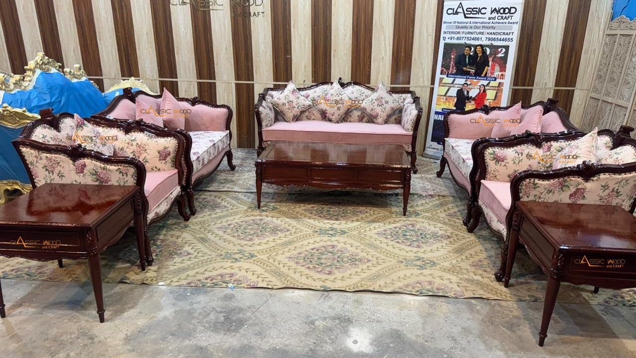 Classic Wood & Craft 9 Seater Victorian Style Teak Wood Sofa Set 3+2+2+1+1 with Side Tables - Image 6