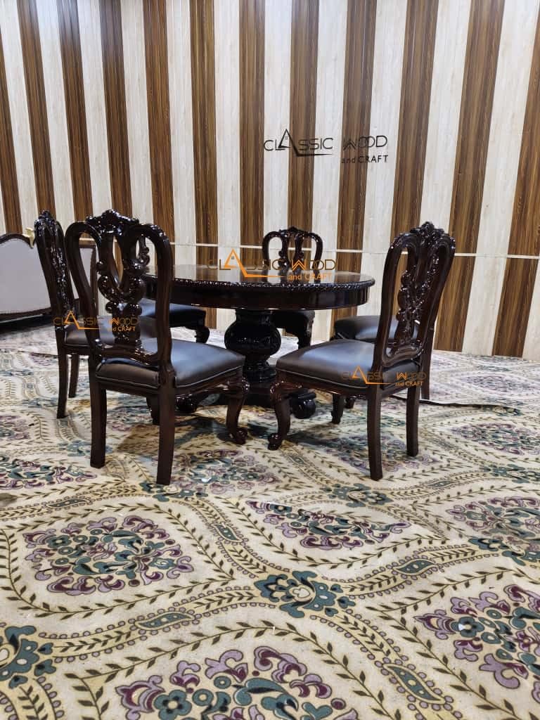Solid Wood 6 Seater Dining Set Handcrafted Round Table with Chairs Luxury Dining Furniture - Image 8