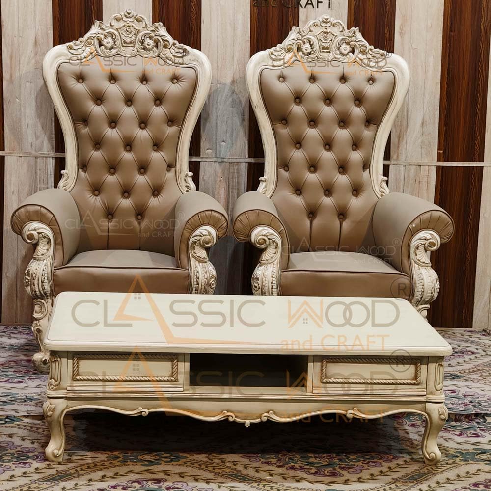 Royal High Back Throne Chair Pair with Center Table – Classic Victorian Tufted Accent Seating for Living Room - Image 2