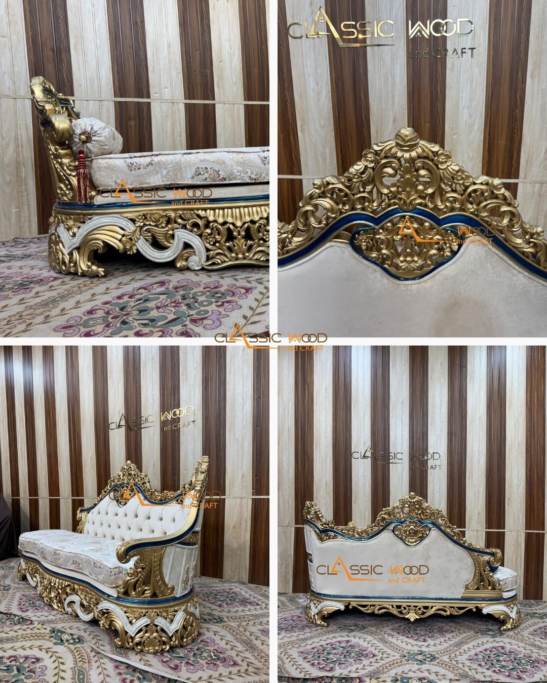 Classic Wood & Craft 12-Seater Royal Sofa Set | Antique Gold Finish | Handcrafted Luxury Living Room Furniture - Image 2