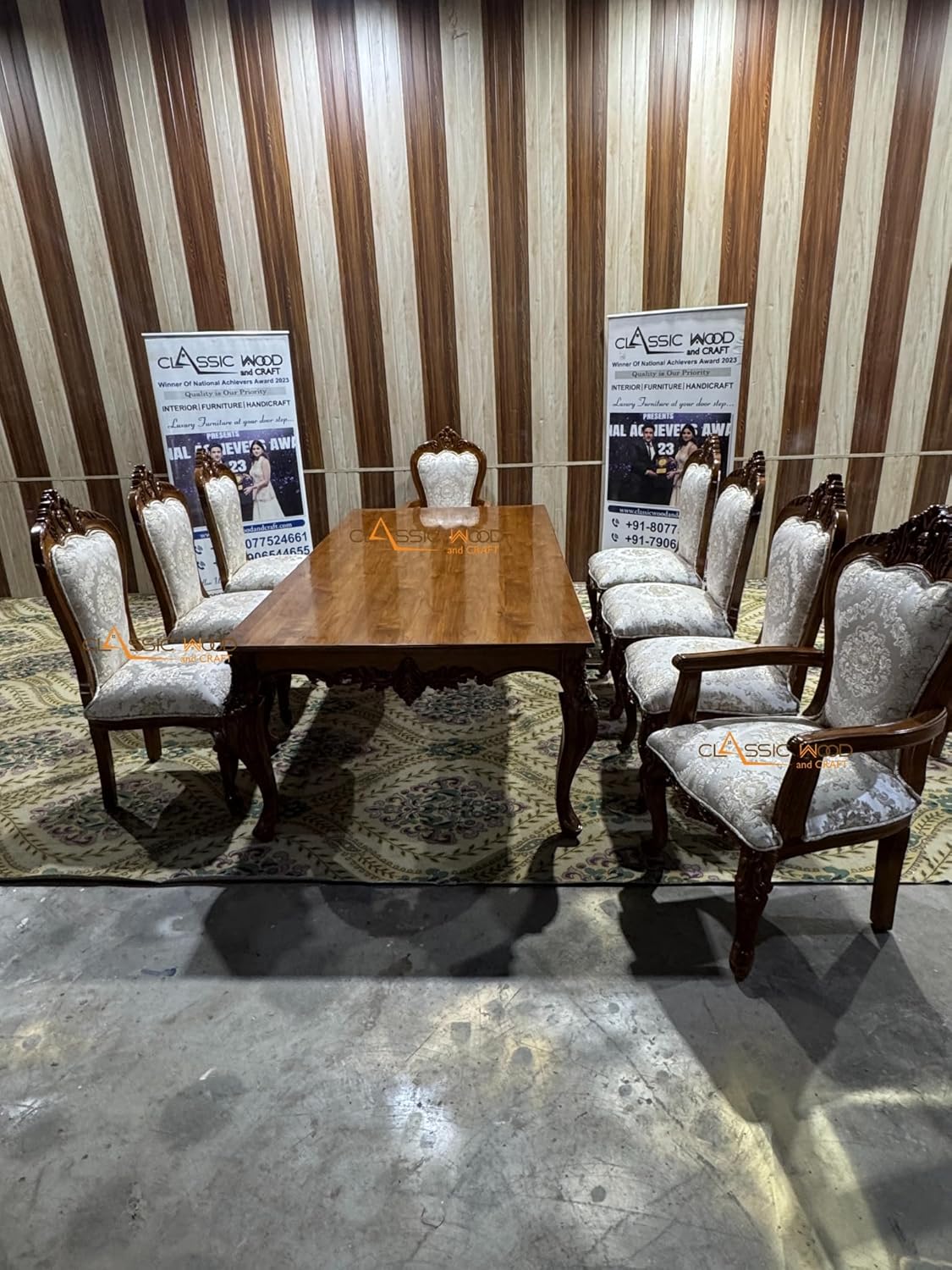 8-Seater Wooden Dining Table Set Handcrafted Teakwood with Upholstered Chairs - Image 6