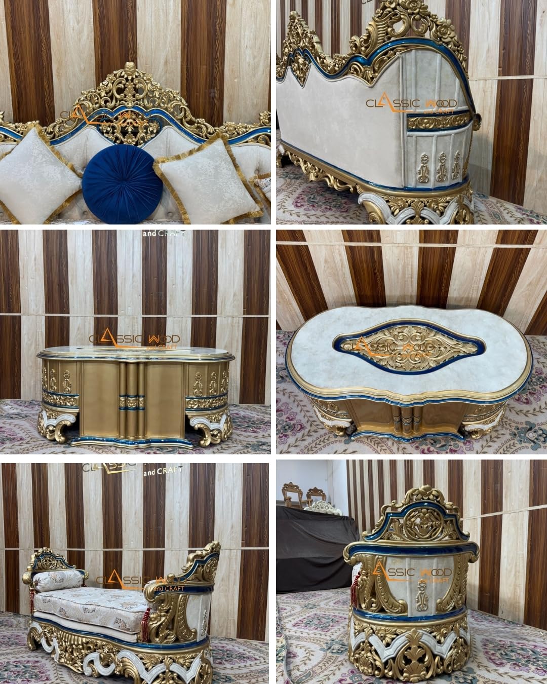 Classic Wood & Craft 12-Seater Royal Sofa Set | Antique Gold Finish | Handcrafted Luxury Living Room Furniture - Image 3