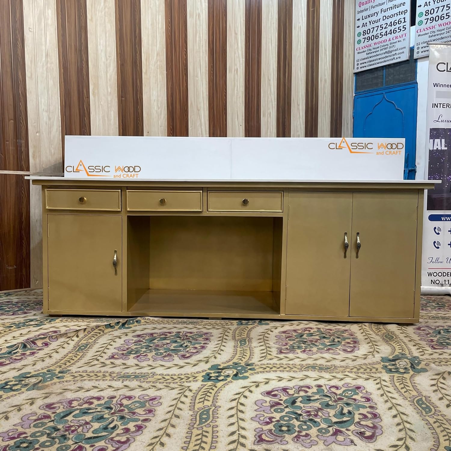 Classic Wood & Craft® Luxury Golden Reception Table with Storage Drawers & Cabinet Modern Office/Showroom Front Desk Counter White Top Finish - Image 2