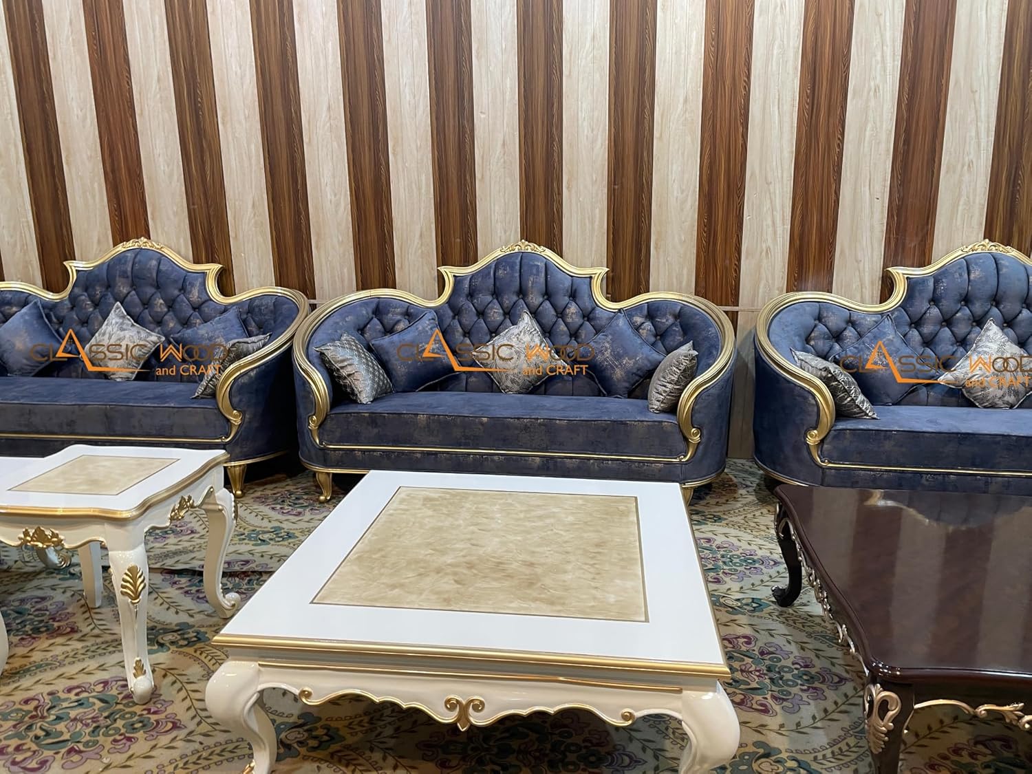 Royal 15-Seater Velvet Sofa Set with Golden Finish & Dual Onex Center Tables - Image 7