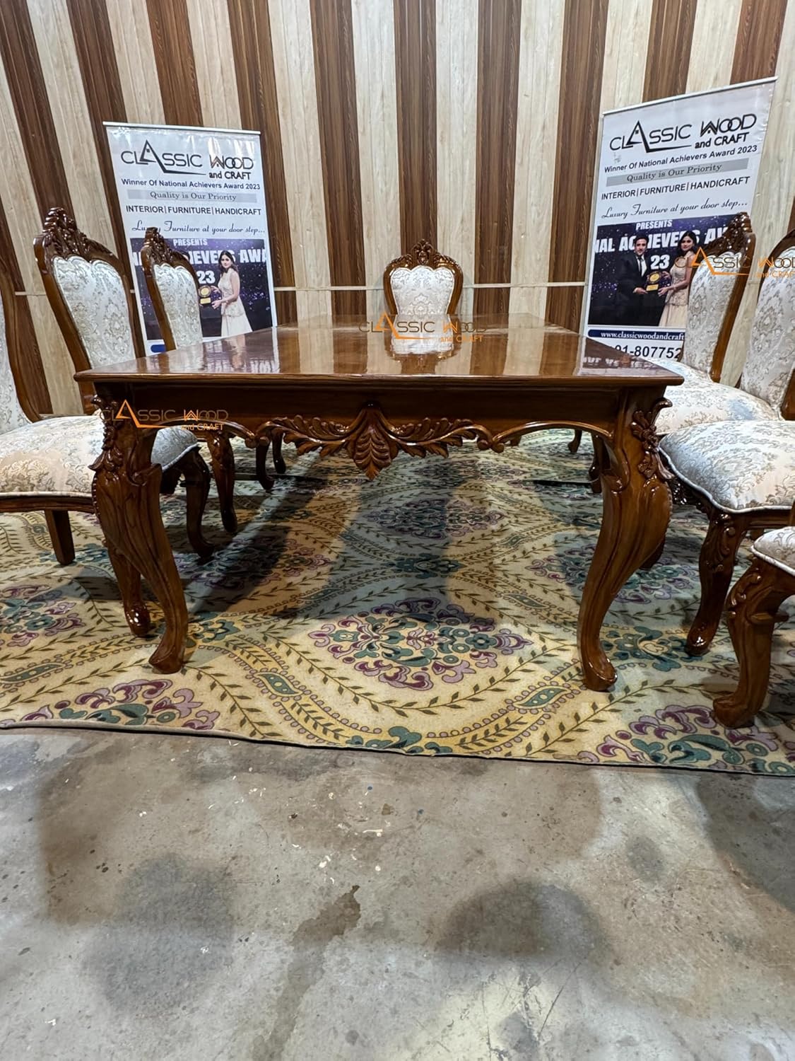 8-Seater Wooden Dining Table Set Handcrafted Teakwood with Upholstered Chairs - Image 4