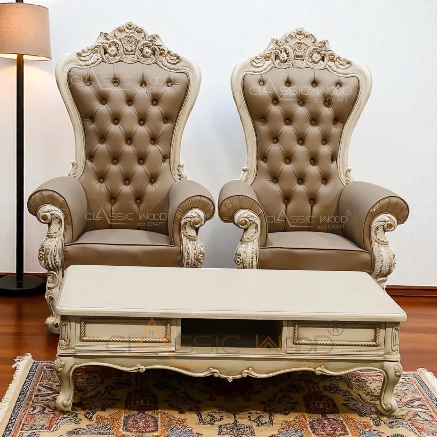 Royal High Back Throne Chair Pair with Center Table – Classic Victorian Tufted Accent Seating for Living Room - Image 4