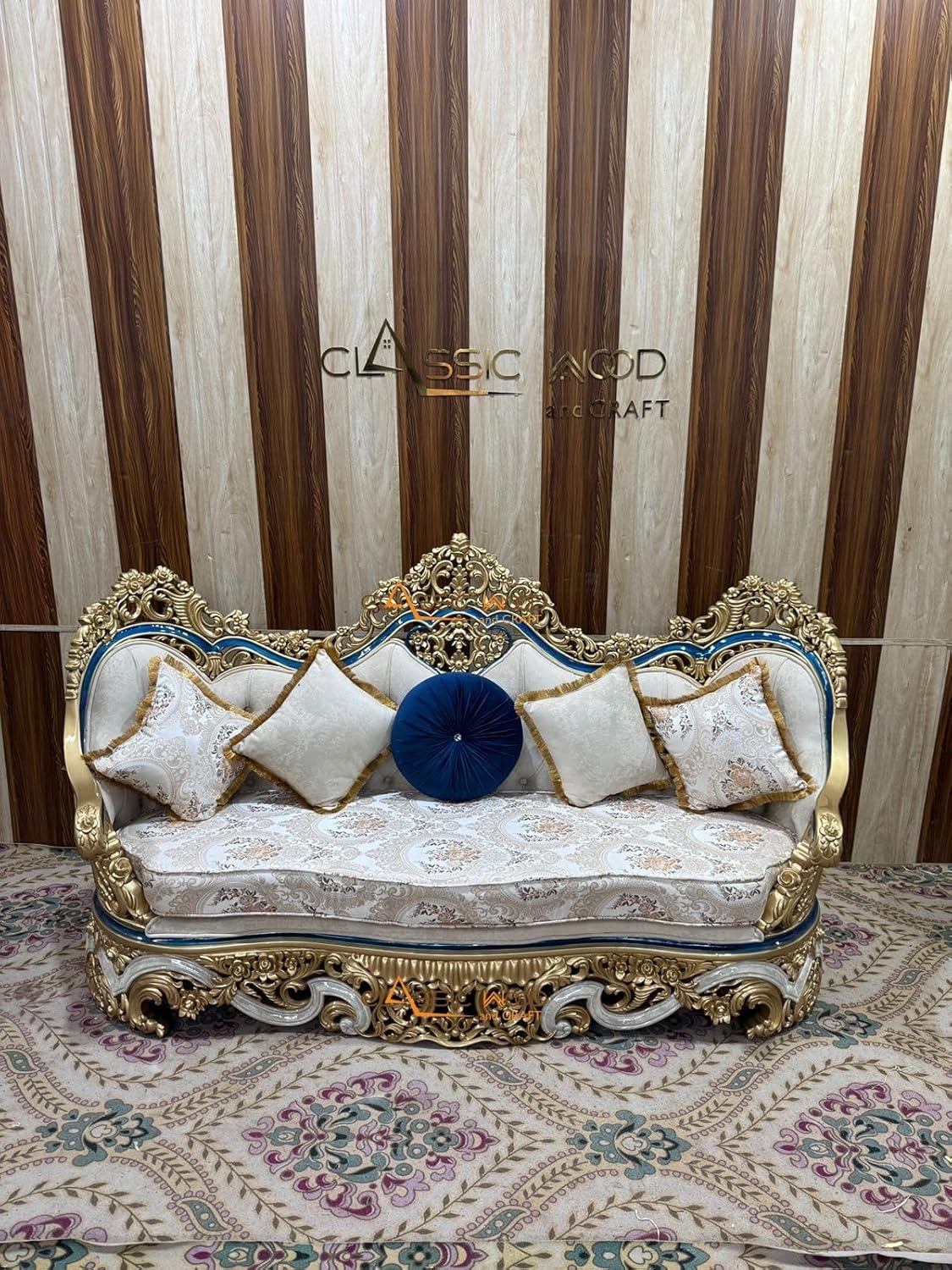 Classic Wood & Craft 12-Seater Royal Sofa Set | Antique Gold Finish | Handcrafted Luxury Living Room Furniture - Image 7