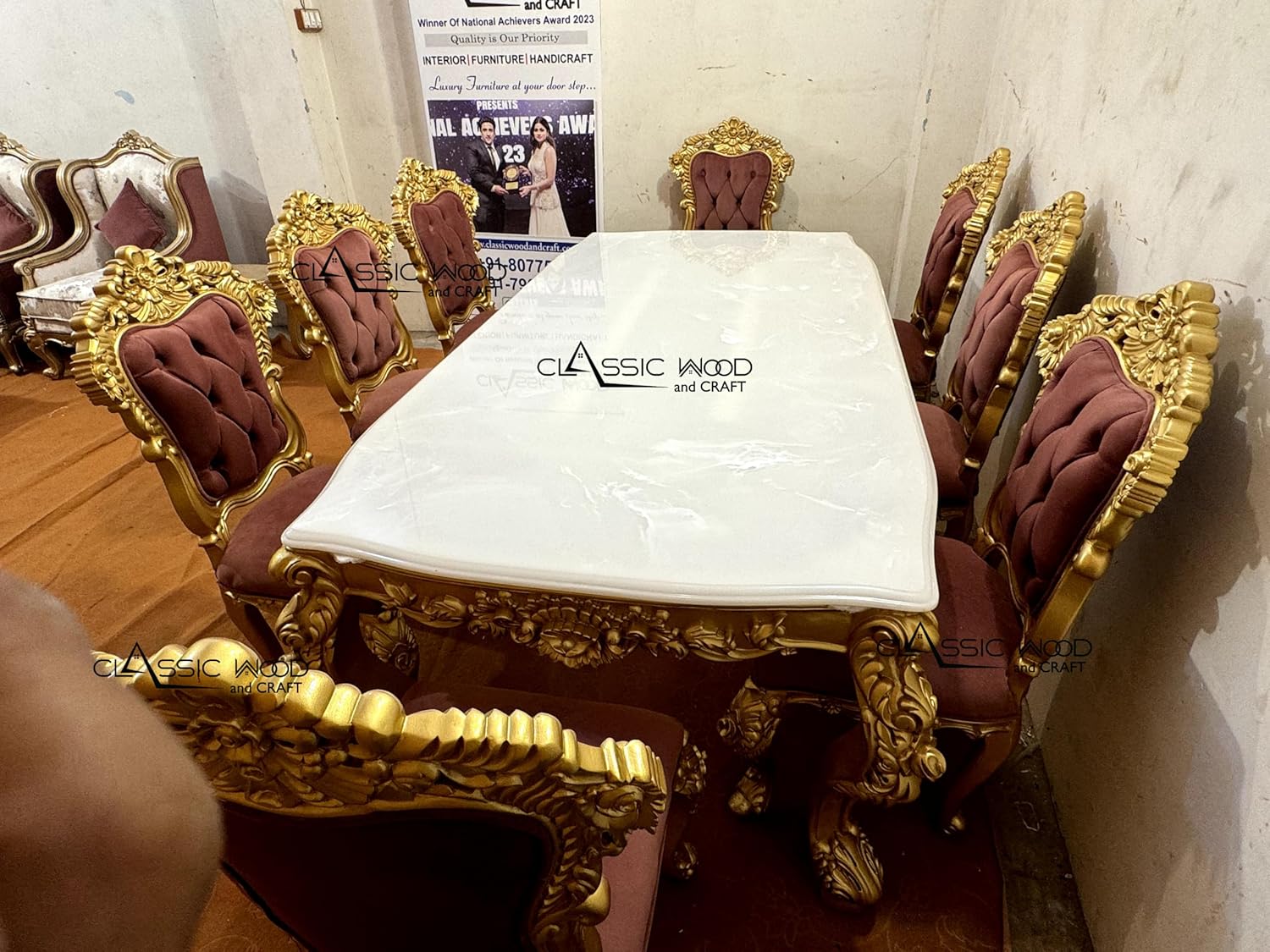 Luxury 8-Seater Dining Table Set Hand-Carved Wooden Frame with Marble Top - Image 3