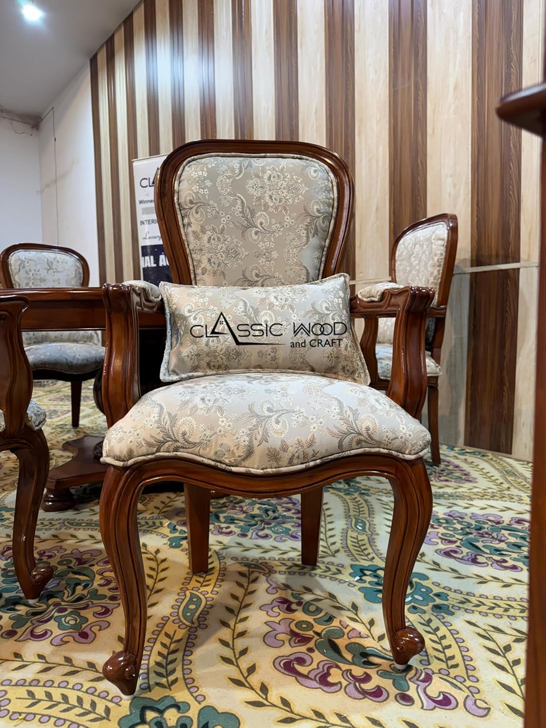 Luxury Round Teak Wood Dining Table Set with 6 Upholstered Chairs - Image 4