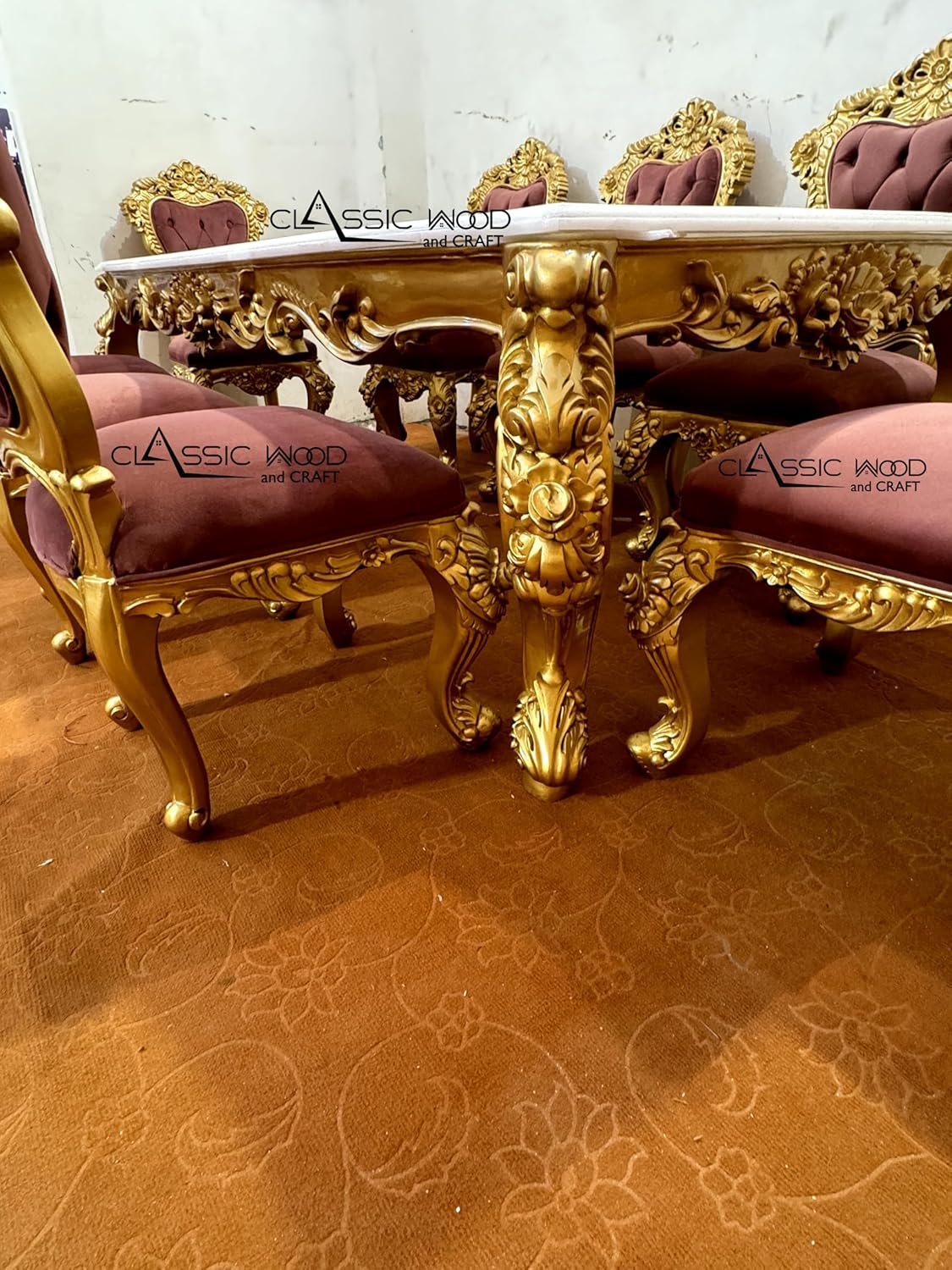 Luxury 8-Seater Dining Table Set Hand-Carved Wooden Frame with Marble Top - Image 2
