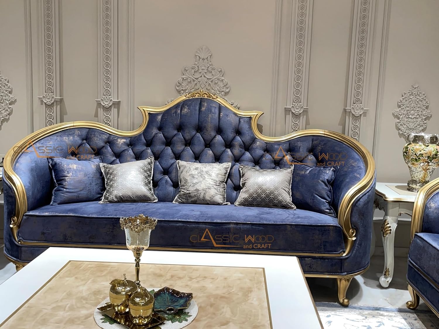 Royal 15-Seater Velvet Sofa Set with Golden Finish & Dual Onex Center Tables - Image 8