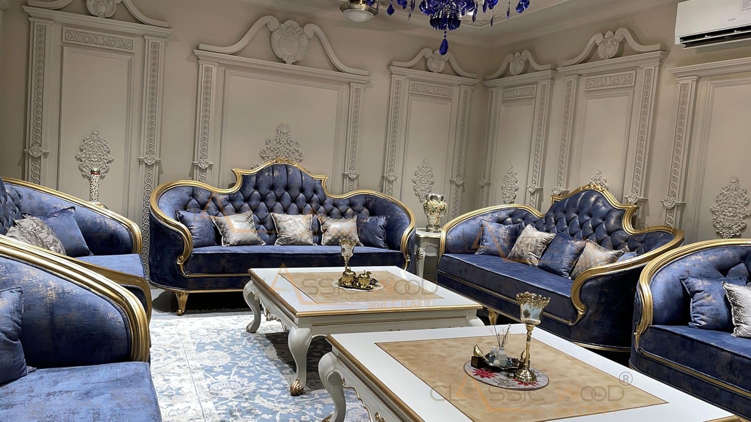 Royal 15-Seater Velvet Sofa Set with Golden Finish & Dual Onex Center Tables - Image 6