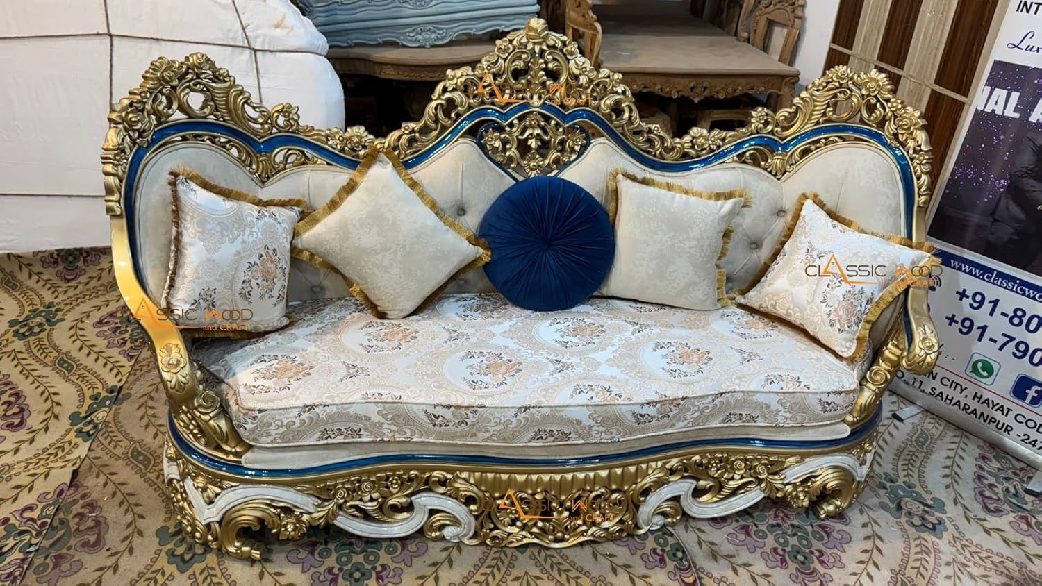 Classic Wood & Craft 12-Seater Royal Sofa Set | Antique Gold Finish | Handcrafted Luxury Living Room Furniture - Image 4