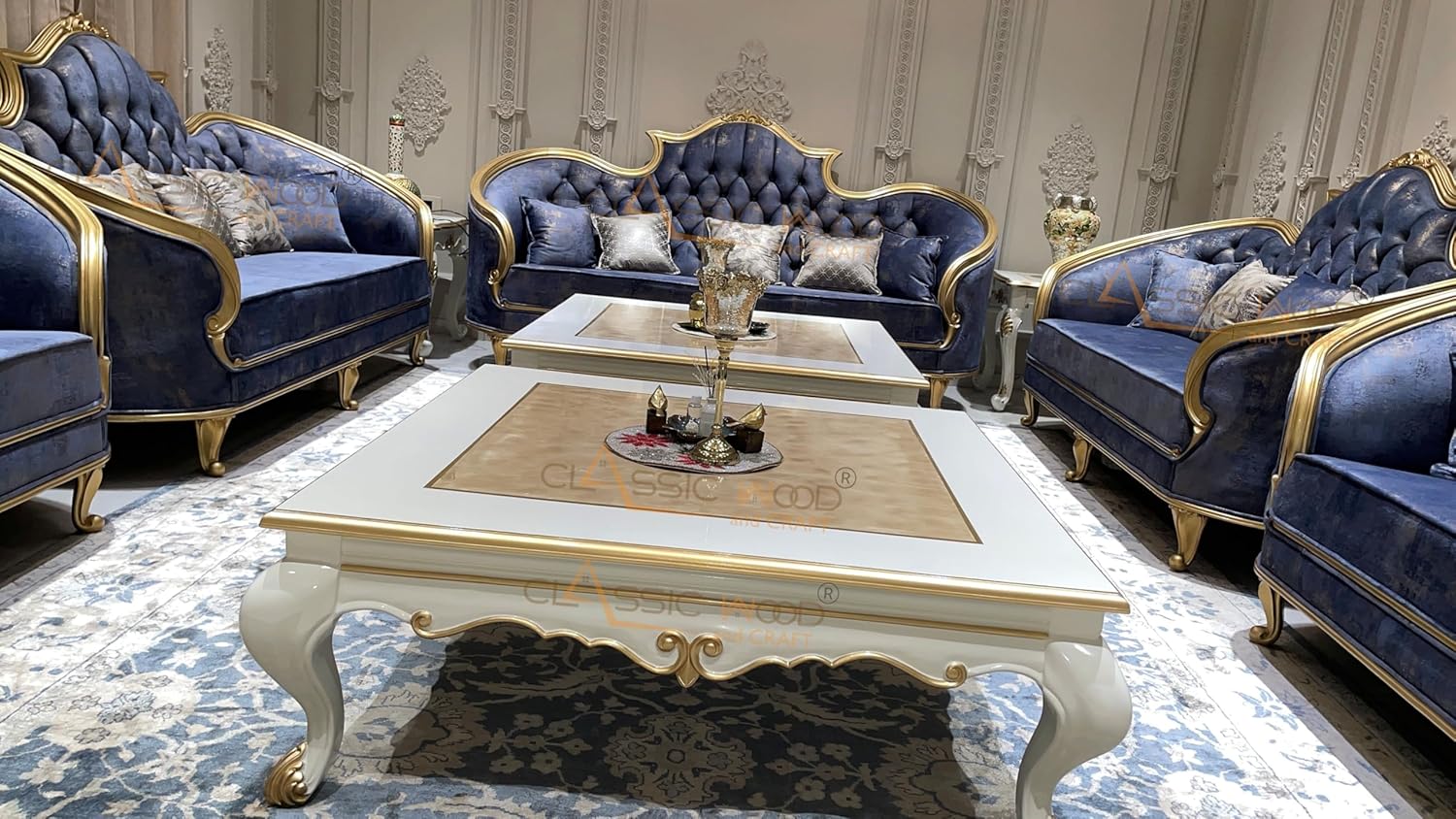 Royal 15-Seater Velvet Sofa Set with Golden Finish & Dual Onex Center Tables - Image 3