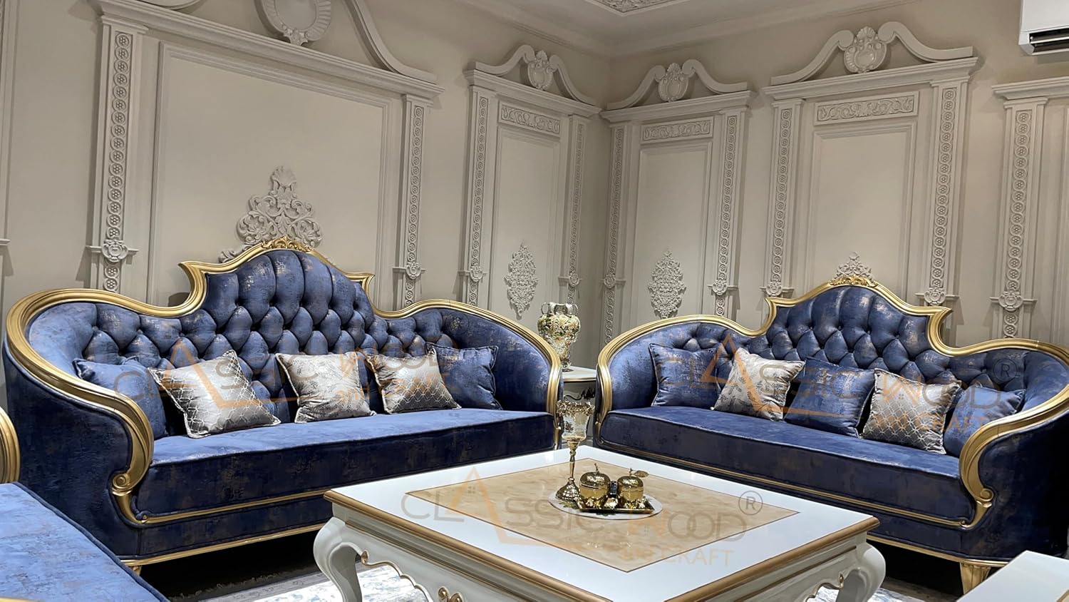 Royal 15-Seater Velvet Sofa Set with Golden Finish & Dual Onex Center Tables - Image 2