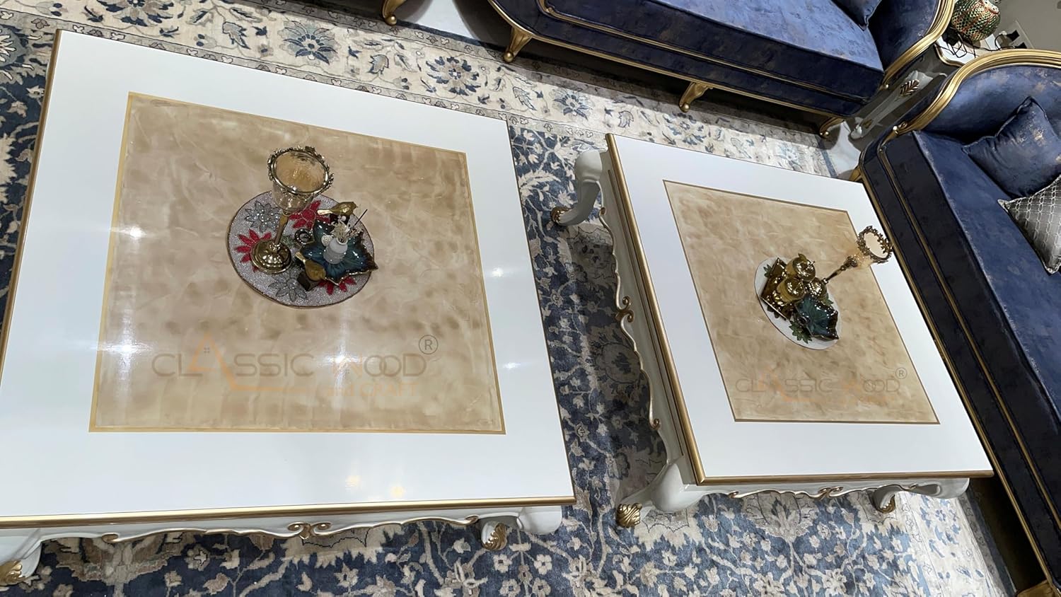 Royal 15-Seater Velvet Sofa Set with Golden Finish & Dual Onex Center Tables - Image 4