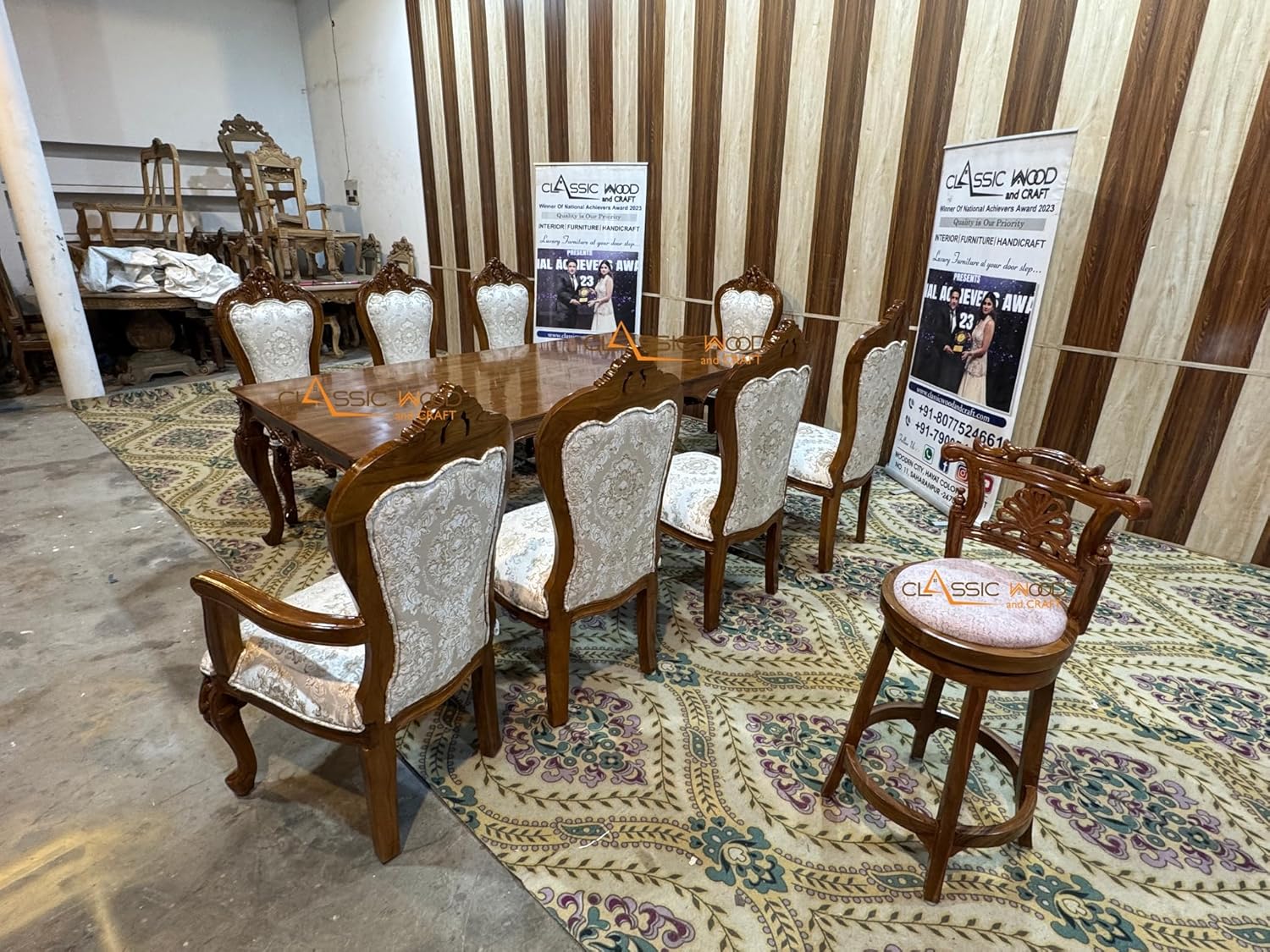 8-Seater Wooden Dining Table Set Handcrafted Teakwood with Upholstered Chairs - Image 5