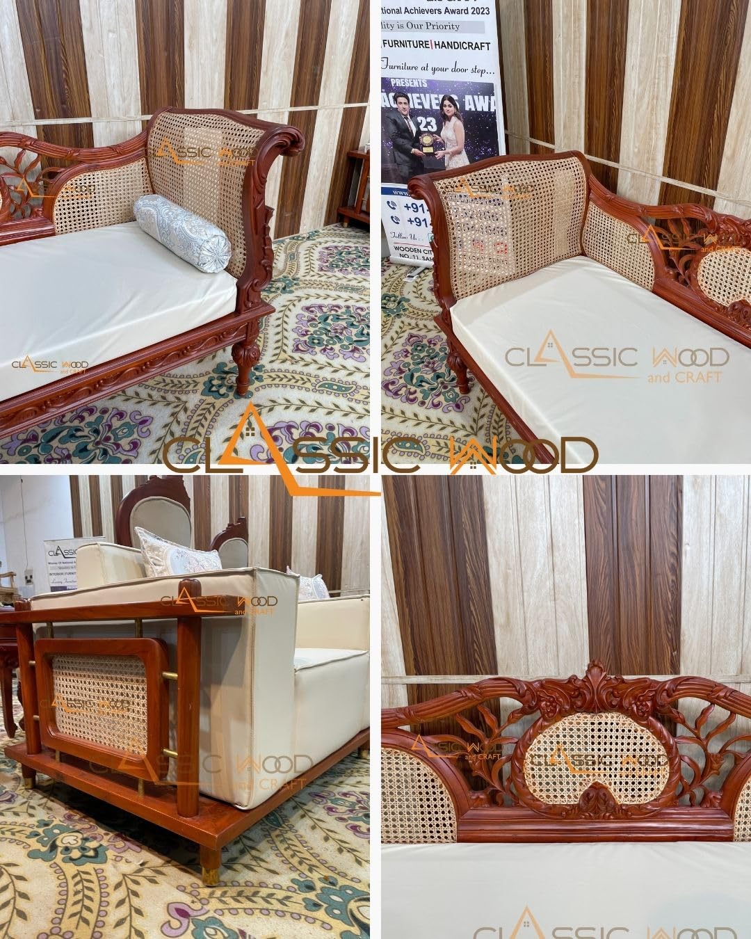 Wooden Diwan Sofa Traditional Cane Back Daybed for Living Room & Bedroom - Image 5