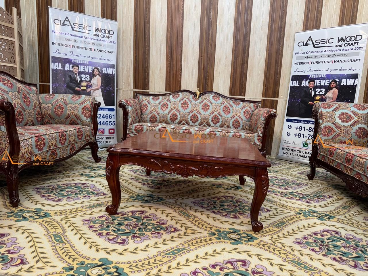 Luxury Victorian Sofa Set 3+2+1+1 with Center Table Hand-Carved Solid Wood Furniture - Image 4