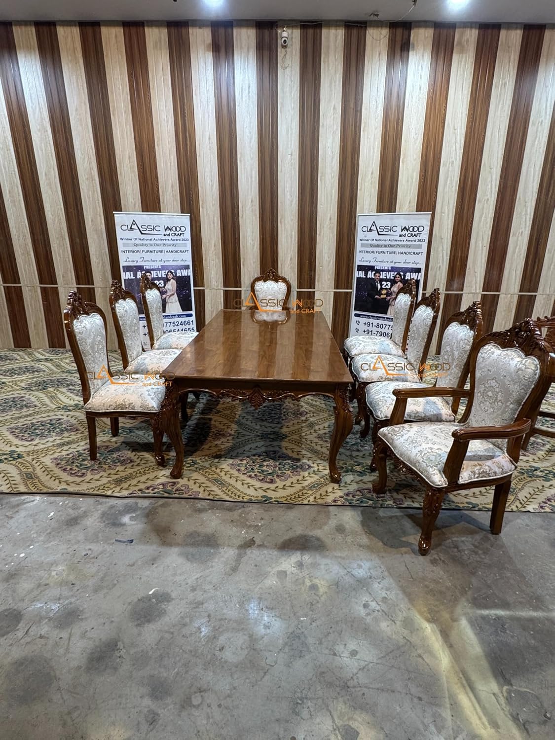 8-Seater Wooden Dining Table Set Handcrafted Teakwood with Upholstered Chairs - Image 2