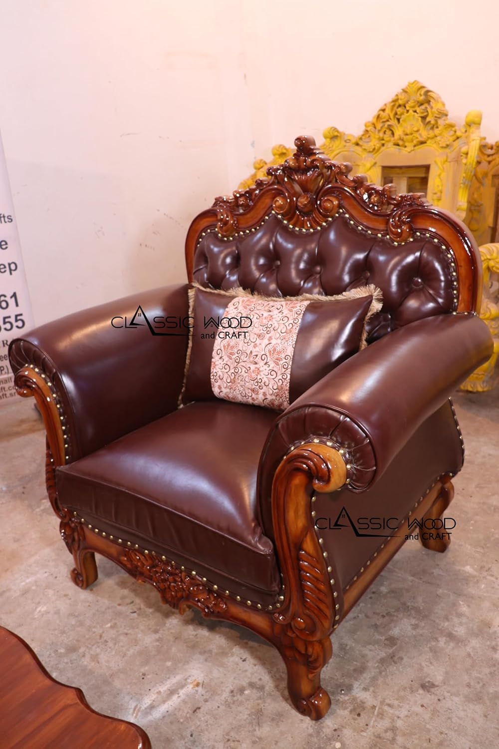 Luxury Victorian Leather Sofa Set 3+2+1 | Handcrafted Solid Wood Living Room Furniture - Image 4