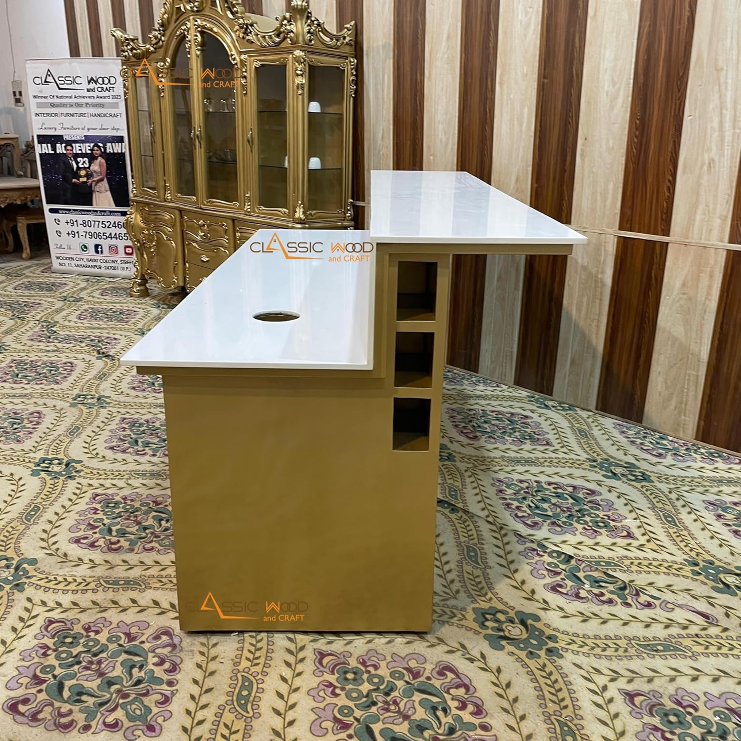 Classic Wood & Craft® Luxury Golden Reception Table with Storage Drawers & Cabinet Modern Office/Showroom Front Desk Counter White Top Finish - Image 3