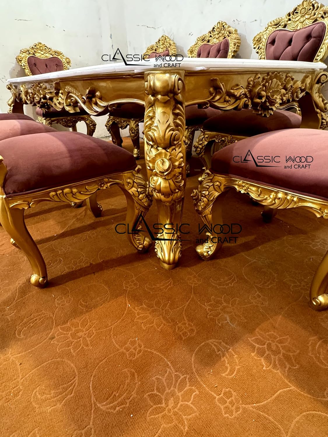Luxury 8-Seater Dining Table Set Hand-Carved Wooden Frame with Marble Top - Image 4