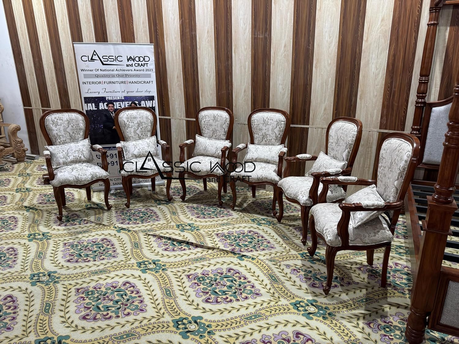 Luxury Round Teak Wood Dining Table Set with 6 Upholstered Chairs - Image 3